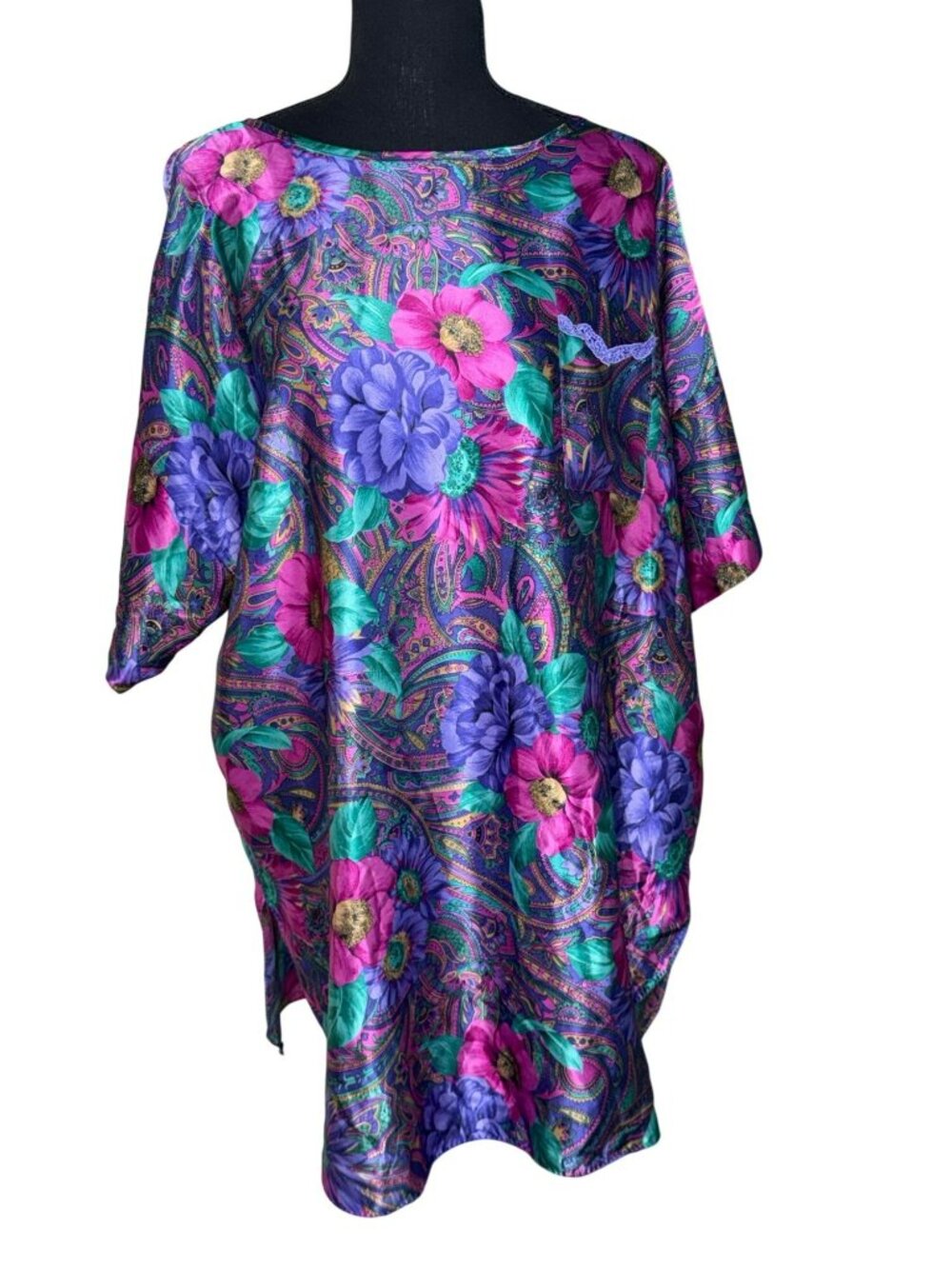 VTG California Dynasty Large Satin Kaftan Short Sleeve Midi Floral Tropical
